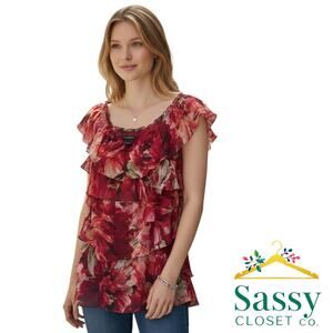 WHBM Red Pink Floral Sleeveless Ruffle Blouse Lined Lightweight Size L EUC